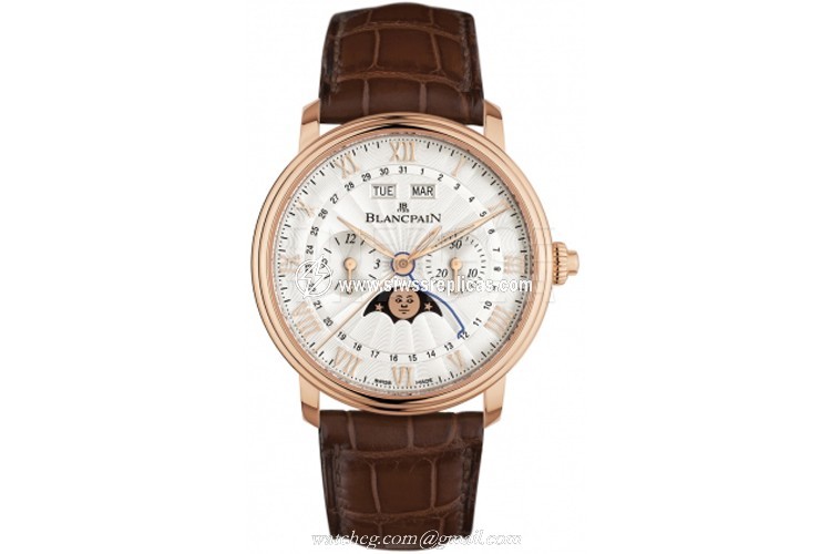 Blancpain Villeret Single Pusher Chronograph Complete Calendar 6685-3642a-55b 18k Rose Gold Automatic Chronograph 