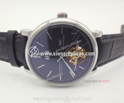 Clone IWC Tourbillon Men Watch IWC Portuguese Black Face Black Leather Strap