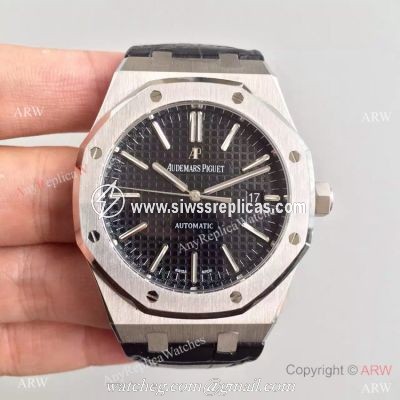 Replica JF Audemars Piguet Royal Oak Ss Black Leather Bracelet AAA Grade Replica Watches Sale