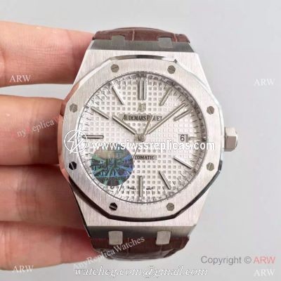 JF Factory Swiss Audemars Piguet Replica Watch Silver Face Brown Leather Band