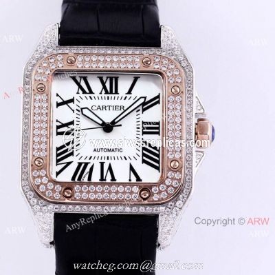 Iced Out Cartier Santos Automatic Watch Replica Two Tone Rose Gold