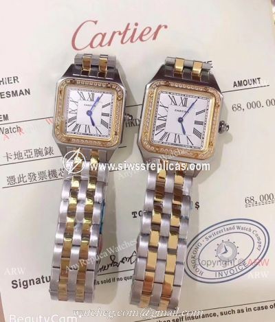 Two Tone Cartier Santos Diamond Replica Watch Lover watch New Replica