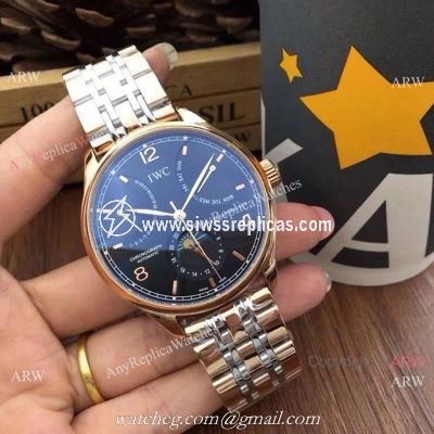 Replica IWC Portuguese Black Face Watch Two Tone Rose Gold Moonphase