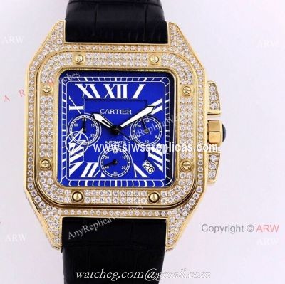 Iced Out Cartier Santos VK Chronograph Watch Blue Dial 45mm
