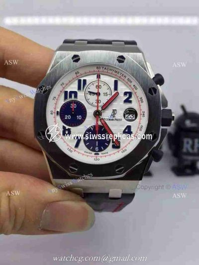 Swiss Audemars Piguet White &038; Blue Chronograph Black Leather Watch