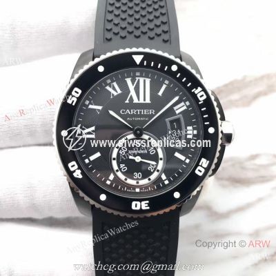 Swiss Replica Calibre De Cartier Diver Black PVD Watch Silver Fluted Bezel