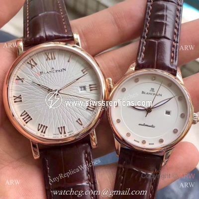 Copy Blancpain Lovers Watch Rose Gold Brown Leather Strap