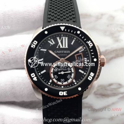 Swiss Grade Cartier Calibre Diver 42mm Watch Rose Gold Fluted Bezel