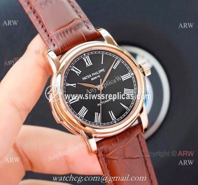 Clone Patek Philippe Calatrava Rose Gold Black Roman watch Simple Style