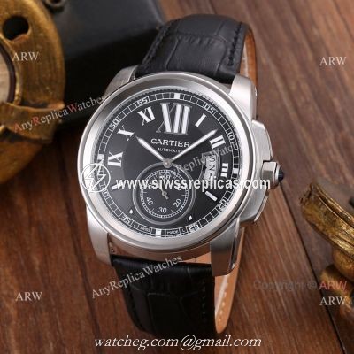 Replica Cartier Calibre de Cartier Men Watches SS Black Leather Strap