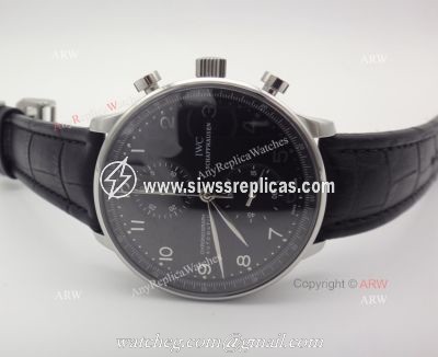 Swiss 7750 IWC Portuguese Black Face Black Leather Strap Watch