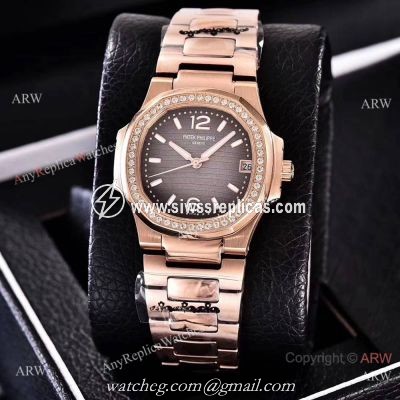 Copy Patek Philippe Nautilus Womens Rose Gold and Diamond 35mm watch Swiss Quality