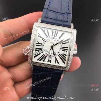 Clone Franck Muller Master Square Blue Leather Diamond Bezel Watch