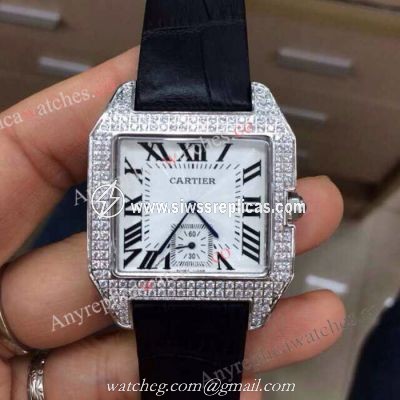 Cartier Santos Diamond Replica Watch White Roman Dial Quartz Movement