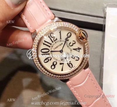 Womens Fake Cartier Watch Ballon Bleu Rose Gold Diamond Bezel Quartz 36mm