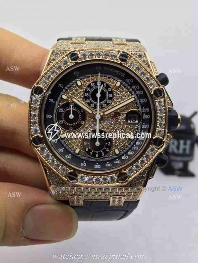 Replica Audemars Piguet Watch Rose Gold Case diamond dial diamond bezel Black Leather