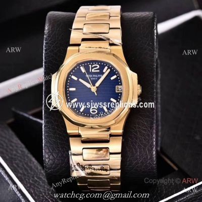 Copy Patek Philippe Nautilus Womens Yellow Gold and Blue Swiss Quality