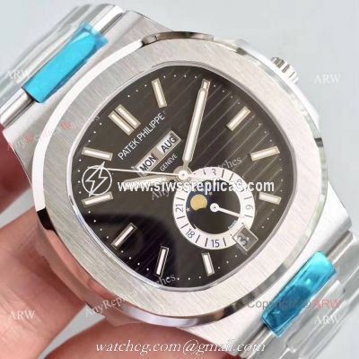 Swiss Grade Fake Patek Philippe Nautilus Watch Stainless Steel Black day date Moonphase