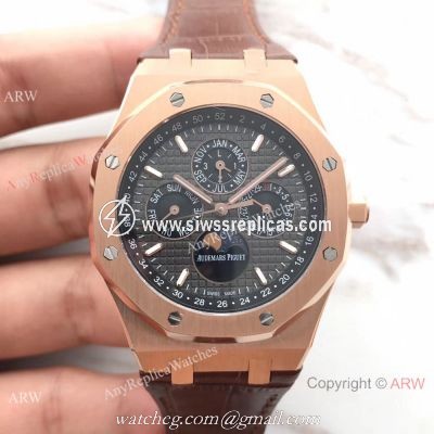 Audemars Piguet Royal Oak Perpetual Calendar Replica Watch Rose Gold Brown Leather Strap