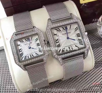 Cartier Santos Diamond Replica Watch Stainless Steel Silver Dial