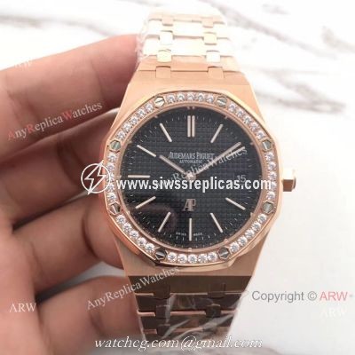 JH Copy Audemars Piguet Royal Oak Automatic Extra Thin Watch Rose Gold Diamond Bezel