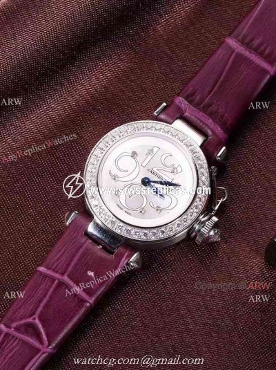 Replica Cartier Pasha SS Diamond Bezel Purple Strap Watch Ladies 28mm