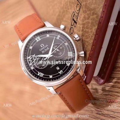 Fake Omega De Ville Chronograph Watches SS Brown Leather Strap