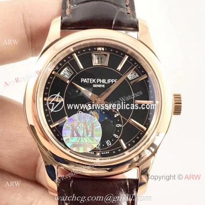 (KM)Swiss Patek Philippe 5205G Complications Annual Calendar Watch Brown Leather Strap