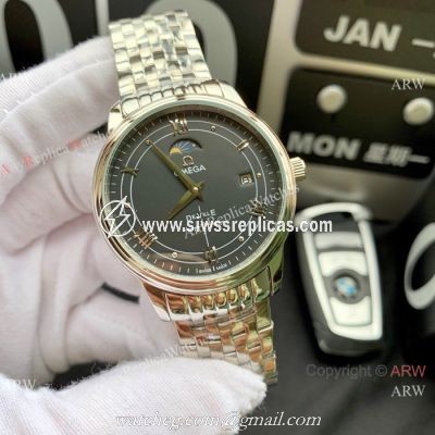 New Copy Omega De Ville Moon Phase 40mm Watches Stainless Steel Black Face