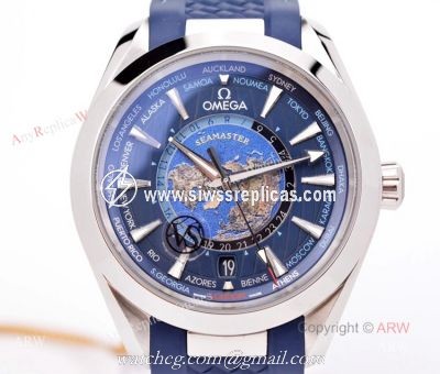 VS Factory Swis Replica Omega Aqua Terra Blue Worldtimer Rubber Band Watch For Men