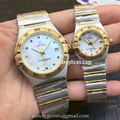 Replica Omega Constellation Quartz Watch Two Tone White MOP Face Omega Couple Watch