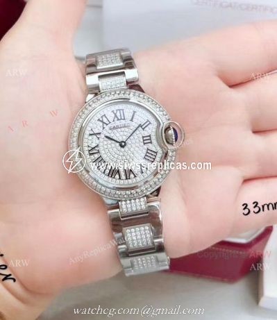 Fake Cartier Ballon Bleu Ice Out Watches 33mm Stainless steel Roman Dial