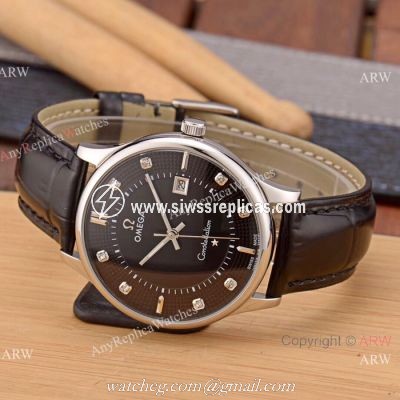 New Replica Omega Constellation 41mm Watch SS Black Leather Strap