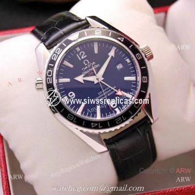 Copy Omega Seamaster GMT 45mm Watches SS Black Leather Strap