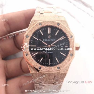 JF Factory Newest Replica Audemars Piguet Frosted Rose Gold Black Dial Wrist Watch