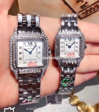 Clone Panthere De Cartier Stainless Steel Diamond Watches 27mm or 22mm