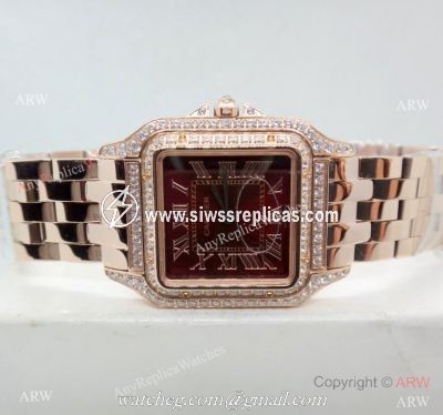 Panthere De Cartier Replica Watches Rose Gold Dark Red Dial