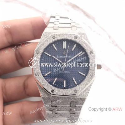 JF Factory Newest Audemars Piguet Replica Royal Oak SS Frosted 41mm Blue Dial Watch
