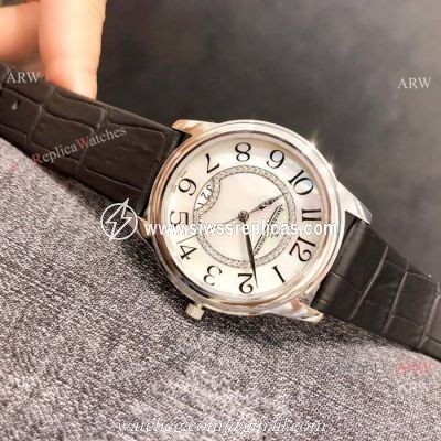 Replica Jaeger leCoultre Ladies Watch White MOP Dial Black Leather Band