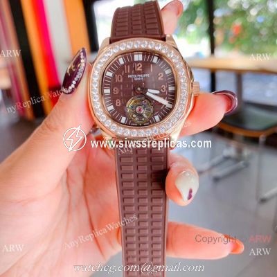 Clone Patek Philippe Aquanaut Tourbillon Women Watches Rose Gold Diamond Bezel