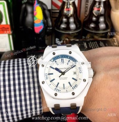 Swiss 3120 Audemars Piguet Royal Oak Offshore Divers White Ceramic Blue Rubber Watch New Replica