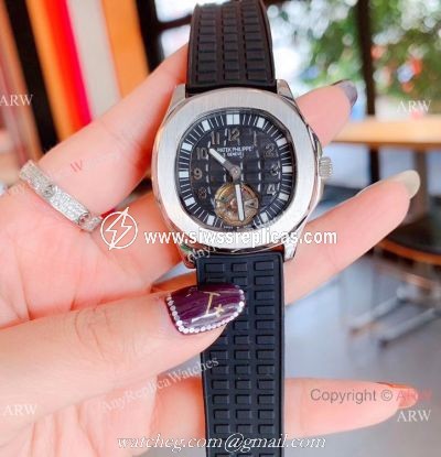 Copy Patek Philippe Tourbillon Black Rubber Strap Watches Women Size
