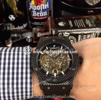Copy Hublot Classic Fusion Watches Skeleton Dial Black Rubber Strap