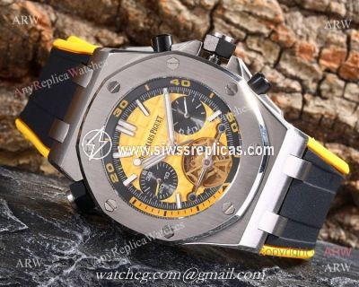 Audemars Piguet Royal Oak Offshore 42mm Watch SS Tourbillon Yellow Face