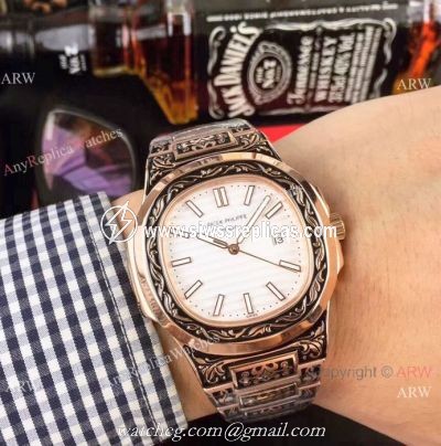 Clone Patek Philippe Nautilus White Face Rose Gold Tattoo Watch 40mm