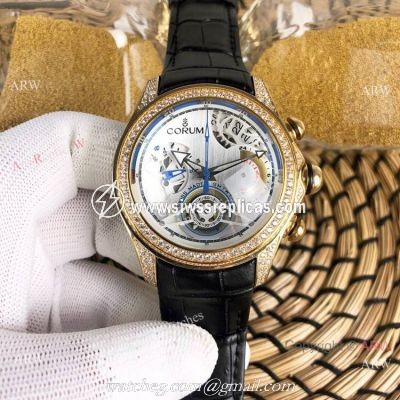 Replica Bubble Corum Watch Diamond Bezel Gold Case Silver Chronograph Dial