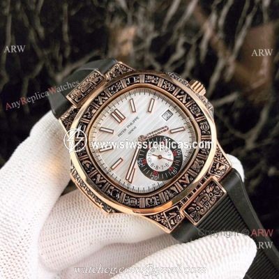 New Replica Patek Philippe Nautilus White Face Rose Gold Tattoo Rubber Strap Watch