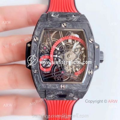 Swiss Grade Copy Hublot Spirit of Big Bang Tourbillon Carbon Watch Red Rubber Strap