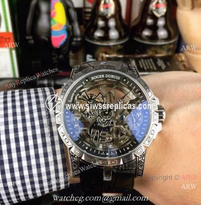 Copy Roger Dubuis Excalibur 46 Skeleton Men Watch SS Black Leather Strap