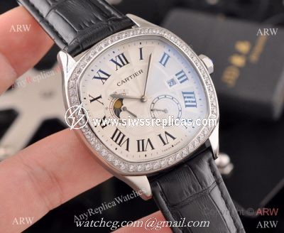 New Copy Cartier Drive de Moonphase Watch White Dial Black Leather Band